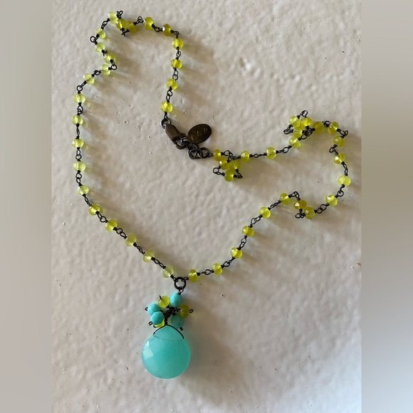 Flying Lizard Designs Jewelry - Aqua Blue and Yellow Beaded Chalcedony Necklace with Teardrop Pendant